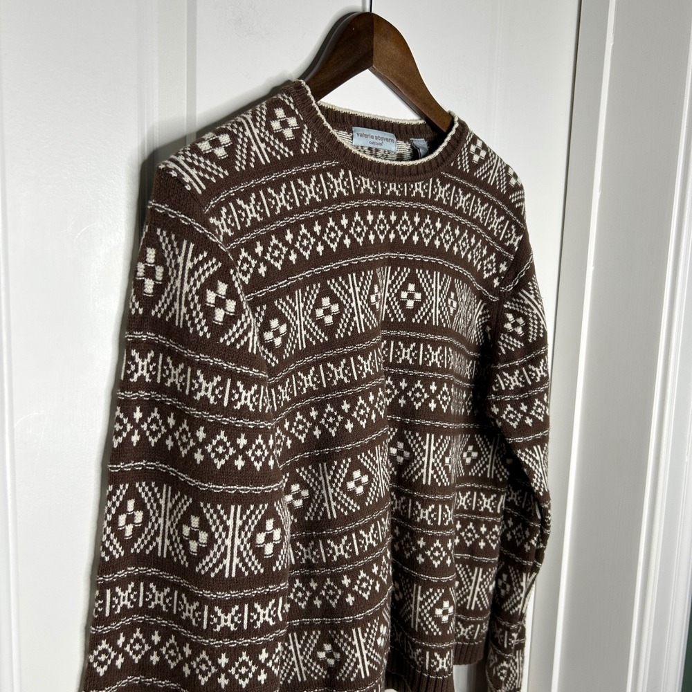 Valerie Stevens Brown Fair Isle Geometric Knit Sweater XL